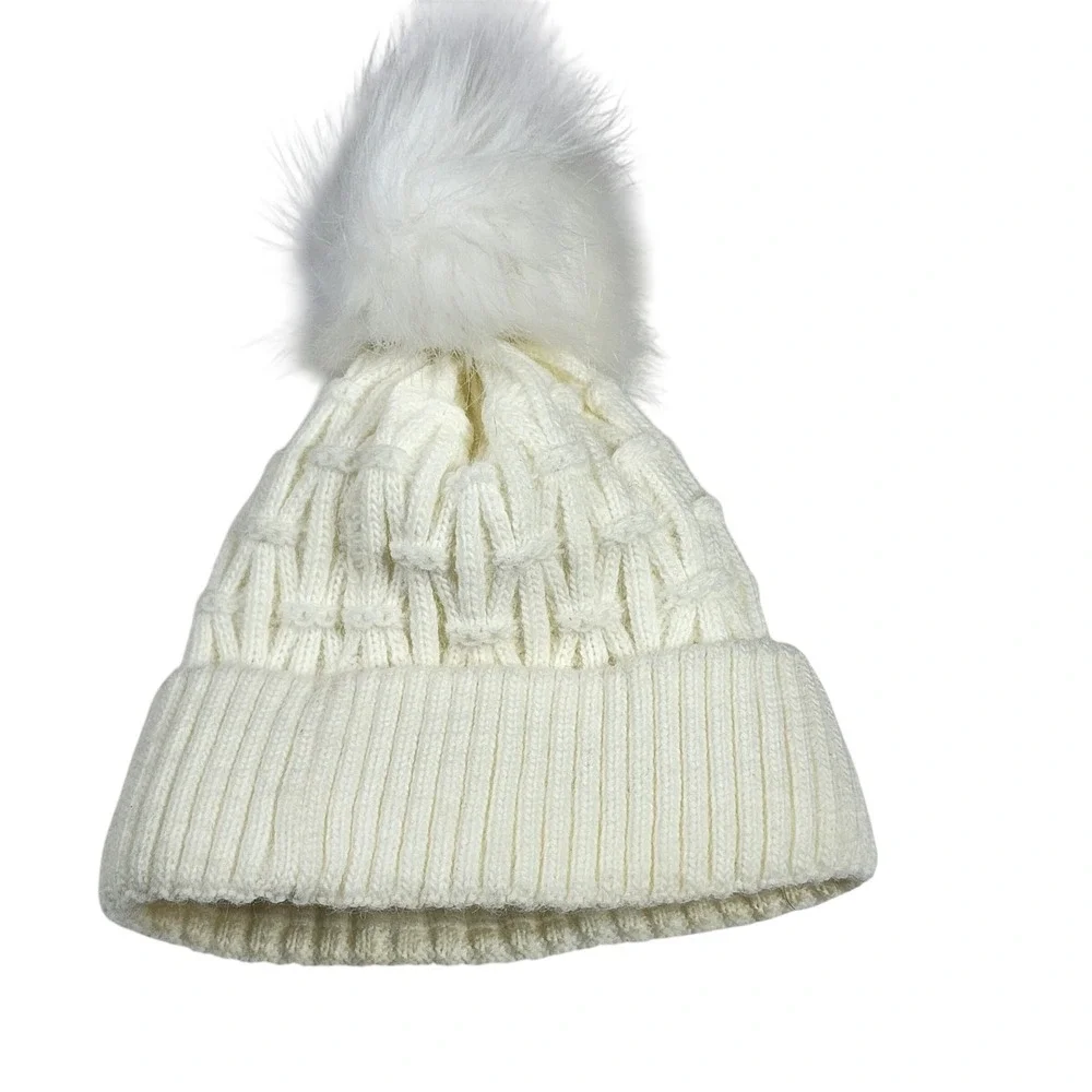 Starling Ivory Cable Knit Beanie Hat Wool Blend Pom Pom Fleece Lined One Size